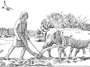 Pløjning med bueard, Bronzealder – Bauern pflügen der Acker, Bronzezeit – Ard-ploughing with oxes, Bronze Age
