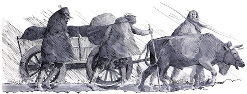 Arbejdsvogn i vadested, keltisk jernalder – Arbeitswagen über Furt, Vorrömische Eisenzeit –  Carriage with team of oxen in a ford, Iron Age