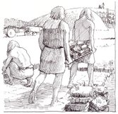 Bygning af en gravhøj, med græstørv, Bronzealder –  Grabhügel im Bau, mit Soden, Bronzezeit – A burial mound is being built with turf, Bronze Age