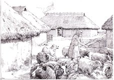 Bronzealderlandsby med fårehyrde – Dorf mit Schäfer – Village with shepherd