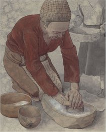 Grutning, tidlig neolitisk tid, Båndkeramisk kultur – Frau mit Mahlstein, Bandkeramische Kultur – Woman with grinding mill, Band Ceramic Culture