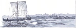 Vikingetidens handelsskib ved Grønland – Skandinavisches Handelsschiff im Nähe Grönland – Trade ship near Herjolfsnes, Greenland, Viking Age