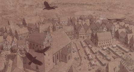 Middelalderby set fra luften, ca 1450, Nordtyskland – Mittelalter-Stadt, von oben gesehen, um 1450, Norddeutschland – Middle Age town seen from the air, about 1450, North Germany