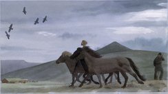 Rytter med ledsageheste, Island – Reiter mit begleitpferde, Island – Horseman with accompanying horses, Iceland