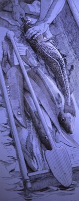 Krogfiskeri, o.3400 f.Kr. Norge – Angelhakenfischerei, um 3400.v.Chr., Norwegen –  Fishing  with fish hook, about 3400 B.Chr., Norway